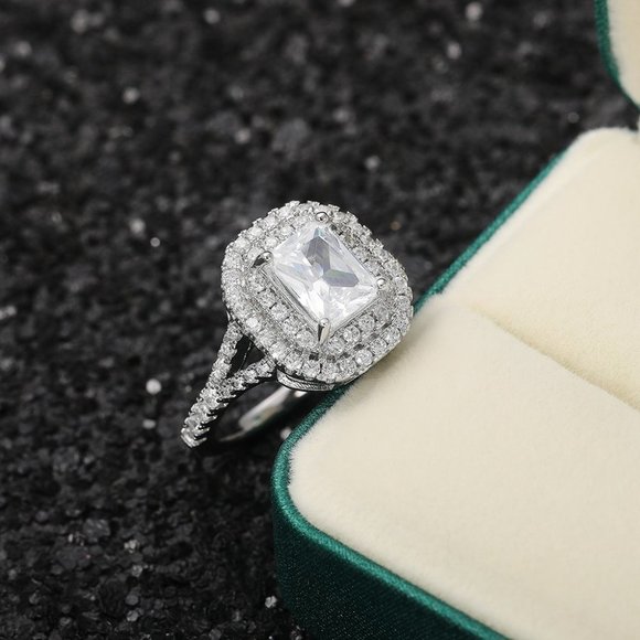 💥DOUBLE LAYER 14K WHITE GOLD RADIANT CUT PURE CZ LUXURY WEDDING RING, K856 - Picture 6 of 6